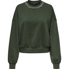 Only O Yaka Taşlamalı Yeşil Kadın Sweatshırt Onlkıara L/s O-Neck Embellıshment S