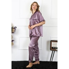 Monolya Kadın Büyük Beden Mor Saten Pijama Takımı 10303