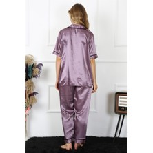 Monolya Kadın Büyük Beden Mor Saten Pijama Takımı 10303