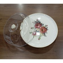 Pinkev Rose Ayaklı Seramik Kek Pasta Sunum Fanusu Tabağı - ÇAP:30 CM