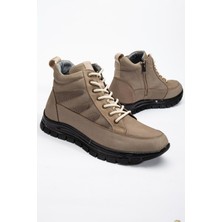 Hakiki Deri Nubuk Erkek Bot Bej Elastik Bağcıklı Yan Baskılı