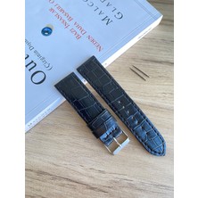 Siyah Dikiş Yerli Üretim Parlak Croco Desen Saat Kordonu. 18-20-22-24 ve 26MM Genişlik Seçenekleri.