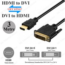 Derwell Yeni 2025 DVI 24+1 To HDMI Çift Yönlü DVI To HDMI Kablo 1080P Full Hd Çözünürlük 3 Katmanlı Kablo 3 Metre