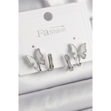 Ezo Concept Pirinç Gümüş Renk Zirkon Taş Detaylı Beyaz Sedefli Kelebek Model Kadın Küpe