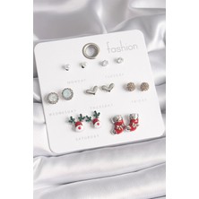 Ezo Concept Pirinç Gümüş Renk 7 Çift Zirkon Taşlı Yıl Başı Temalı Kadın Küpe Seti