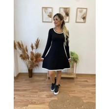 Kadın Uzun Kollu Derin Yuvarlak Yakalı Kısa Viskon Iki Iplik Elbise