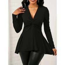 Kadın Uzun Kollu V Yakalı Çapraz Geçmeli Detaylı Ithal Krep Bluz