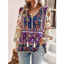 Kadın Uzun Kollu Yakası Açık Bağcıklı Çiçek Desenli Salaş Bluz