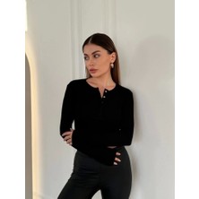 Cıt Cıt Detaylı Uzun Kollu Crop - Siyah