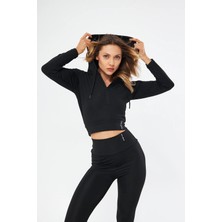 Lesa Wear Kapüşonlu Içi Polarlı Yumuşacık Şardonlu Kaşkorse Crop Likralı Sweatshirt