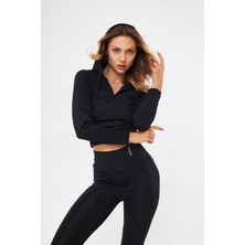 Lesa Wear Kapüşonlu Içi Polarlı Yumuşacık Şardonlu Kaşkorse Crop Likralı Sweatshirt