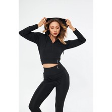 Lesa Wear Fitilli Kapüşonlu Içi Polarlı Yumuşacık Şardonlu Kaşkorse Crop Sweatshirt Hırka