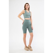 Lesa Wear Yüksek Bel Likralı Toparlayıcı Fitilli Kısa Şort Tayt Crop Takım