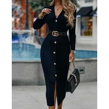 Kadın Uzun Kollu Burgulukumaş V Yaka Düğme ve Aksesuarlı Kemer Detay Elbise