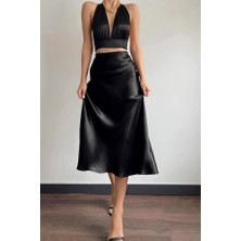 Kahra Collection Siyah Midi Boy Saten Etek Beli Lastikli Midi Etek