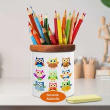 Renkli Desenli Baykuşlar Seramik Kalemlik - 23-2147737387