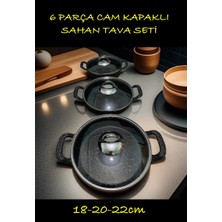 Altınel Casting Quality Yanmaz Yapışmaz 6 Parça Cam Kapaklı 3'lü Döküm Sahan Tava Seti 18-20-22CM