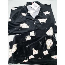 Pijamoni Dügmeli  Kadife Pijama Takımı