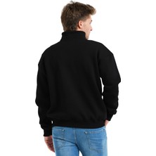 Justever Regular Fit Dik Yaka Yarı Fermuarlı Şardonlu Siyah Erkek Sweatshirt - Prime