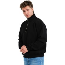 Justever Regular Fit Dik Yaka Yarı Fermuarlı Şardonlu Siyah Erkek Sweatshirt - Prime