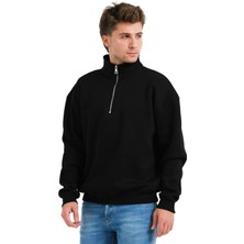 Justever Regular Fit Dik Yaka Yarı Fermuarlı Şardonlu Siyah Erkek Sweatshirt - Prime