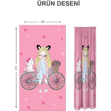 Doruklar Home Collection Dijital Baskı Yıkanabilir Kedi ve Kız Desenli 2 Kanat Bebek ve Çocuk Odası Fon Perdesi