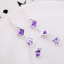 Renjie Shop C Beyaz Stil 925 Gümüş Mor Taş Kare Kutu Uzun Sarkan Küpe Takı (Yurt Dışından)