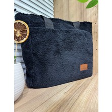 Kadın Peluş Tüylü Salaş Çanta Pofuduk The Tote Bag Yazılı El ve Omuz Çantası
