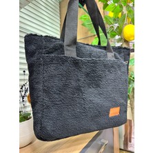 Kadın Peluş Tüylü Salaş Çanta Pofuduk The Tote Bag Yazılı El ve Omuz Çantası