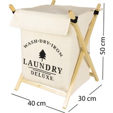 Prendi Home Laundry Baskılı Kapaklı Ahşap Destekli Kare Kıyafet Kirli Çamaşır Sepeti  40  x  30  x  50