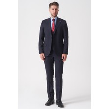 White Stone Lacivert Slim Fit Kalıp Yelekli Klasik Esnek Likralı Kapaklı Cepli Takım Elbise