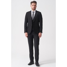 White Stone Siyah Slim Fit Kalıp Yelekli Klasik Esnek Likralı Kapaklı Cepli Takım Elbise