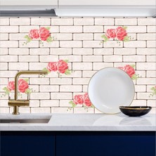 Mutfak Tezgah Arası Kendinden Yapışkanlı Folyo Kaplama Çiçekli Tuğla Taş Desen 60 cm  x 100 cm