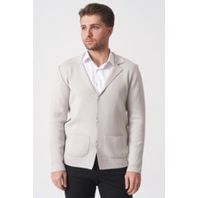 White Stone Bej Düğmeli Yakalı Cepli Premium Dokuma Hırka