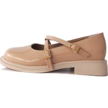 Gdt Ayakkabı Pudra Renk Çapraz Bantlı Kısa Topuklu Rugan Kadın Babet