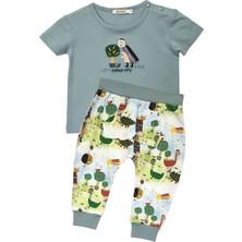 OZMOZ Organik Dino Nakışlı Patiksiz Mavi Yazlık Erkek Bebek Takım