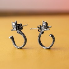 3 Boyutlu Kedi Figürlü 925 Ayar Gümüş Küpe