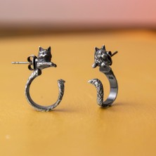 3 Boyutlu Kedi Figürlü 925 Ayar Gümüş Küpe