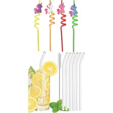 Lagabya 6 Adet Sevimli Emojili Kokteyl Plastik Pipet ve 6 Adet Cam Pipet +1 Temizleme Fırçası