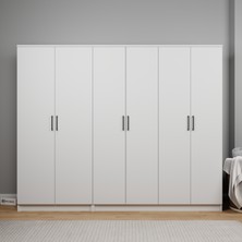 Kardelen Serisi 220  cm  Mat Beyaz 6 Kapılı 9 Raflı Elbise Dolabı - Gardırop Seti