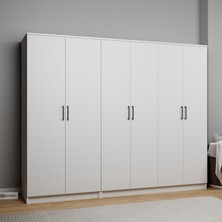 Kardelen Serisi 220  cm  Mat Beyaz 6 Kapılı 9 Raflı Elbise Dolabı - Gardırop Seti