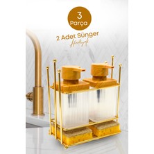 Grimor Life Gold Metal Standlı Ahşap Detaylı Bulaşık Deterjanı Sıvı Sabunluk Mutfak Seti-Sünger
