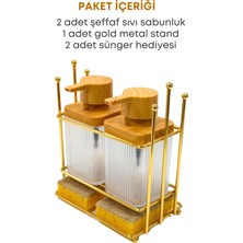 Grimor Life Gold Metal Standlı Ahşap Detaylı Bulaşık Deterjanı Sıvı Sabunluk Mutfak Seti-Sünger