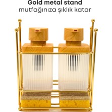 Grimor Life Gold Metal Standlı Ahşap Detaylı Bulaşık Deterjanı Sıvı Sabunluk Mutfak Seti-Sünger
