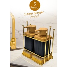 Grimor Life Gold Metal Standlı Ahşap Detaylı Bulaşık Deterjanı Sıvı Sabunluk Mutfak Seti-Sünger
