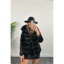 Vess Moda Parlak Puffer Şişme Mont Siyah