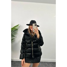 Vess Moda Parlak Puffer Şişme Mont Siyah