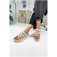 Nstil Günlük Kadın Terlik Örgü Detaylı Kalın Tabanlı Oval Burunlu Deniz Sandaleti 810