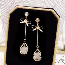 Renjie Shop C Altın Tarzı Taş Küpe Moda Ince Yay Küçük Yıldırım Bayan Küpe Uzun Kulaklık Eşarplar (Yurt Dışından)