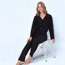 Prestij Homewear Kadın Pamuklu Siyah Mini Kalp Desenli Uzun Kollu Gömlek Yaka Pijama Takımı